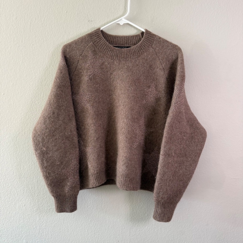 AllSaints Womens Star Pattern Wool Alpaca Blend Metallic Shimmer Sweater Brown S